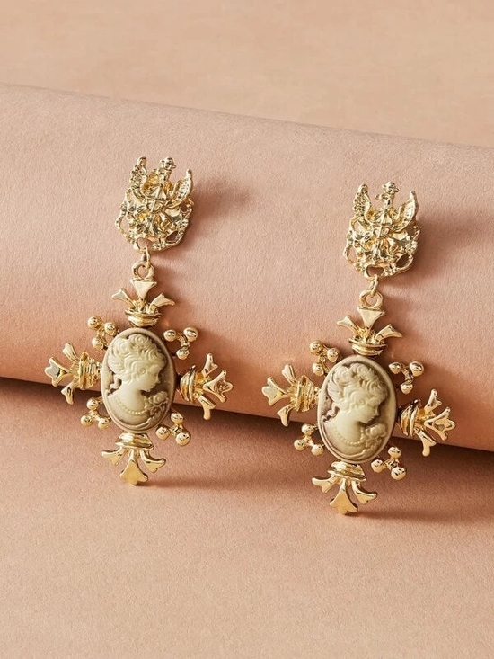 Sebrina Love Luxe Boutique Jewelry - Victorian Vintage Inspired Gold Cameo Cross Drop Earrings